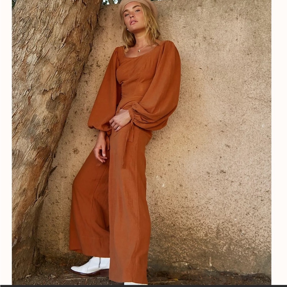 Rust Balloon-Sleeve Jumpsuit